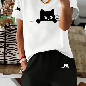 TEMU 패션 캐주얼 귀여운 고양이 피크-아-부 프린트 디자인, 라운드넥 반팔 셔츠 및 포켓 반바지 세트, 우아하고 편안하며 피부 친화적, 홈웨어 및 아웃도어 여성용 세트