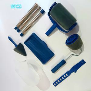 TEMU 손잡이 포함 9PCS 페인트 롤러 브러시 세트 - 빠르고 쉬운 DIY 실내용, 누수 방지 트레이 1개, 페인트 믹싱봉 1개, 정밀 엣지 도구 2개, 블루 손잡이 롤러 3개, 트레이 2개 포함 - 매끄러운 벽 코팅 및 벽 페인팅에 최적