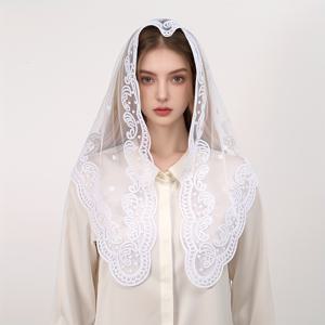 TEMU 레이스 삼각 머플러 헤드스카프 1개 - 블랙 플로럴 자수가 있는 화이트 베일, 빈티지 쉬폰 교회 스타일 머플러 헤드스카프, 결혼식 및 야외 행사용, 기계 세탁 가능, 헤어 액세서리 머플러 헤드스카프, 웨딩 액세서리, 클래식한 우아함
