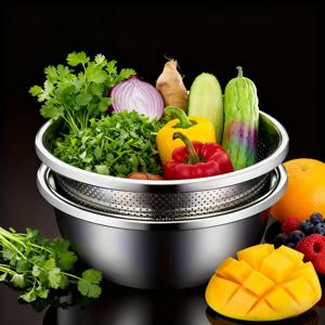 TEMU 2개 스테인리스 스틸 미세공 필터 대야 세트 - 채소, 과일, 쌀 세척 및 물기 제거용 다목적 필터 및 대야 | 주방용 이상적, 주방 필수품 | 모던 주방용품 | 주방용품