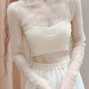 TEMU 여성용 하이넥 시스루 메쉬 블라우스 - 안감, 레ース 트림 세미 시스루 탑, 나뭇가지 자수, 여름 레이어드용, 기계 세탁 가능 단색 셔츠