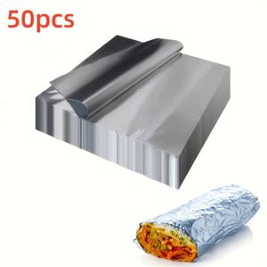 TEMU 50개입 30*30cm 알루미늄 호일 시트, 미리 재단된 호일 시트, BBQ용 일회용 호일, 버리토, 핫도그 또는 샌드위치용 에어프라이어 호일 시트