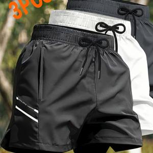 TEMU 남성용 퀵드라이 아이스 실키 파이버 반바지 3pcs - 습기 제거 통기성 운동용 러닝 짐 팬츠, 신축성 있는 드로스트링 허리 & 포켓, 사이클링, 농구, 하이킹, 사계절 피트니스웨어, 세탁기 사용 가능 선물용