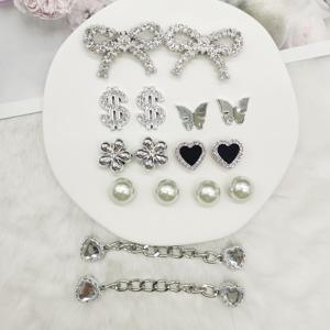 TEMU 16개 블링 라인스톤 달러 보우노트 ABS 슈 참 DIY 체인 장식 럭셔리 은빛 나비 꽃 신발 액세서리 다기능 인조 비즈 하트 슈 클립 장식품 여성용 버블 슬리퍼 비치백 생일 파티 선물용