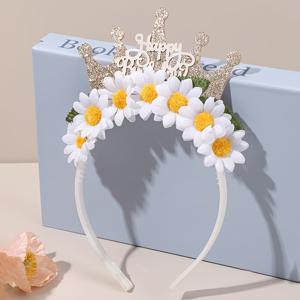 TEMU 데이지 생일 왕관 헤어밴드 1개, 플로럴 액센트 글리터 해피 버스데이 티아라, 생일 사진 소품용 귀여운 꽃 파티 헤어 액세서리, 딸 생일 장식용 선물