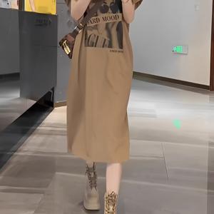 TEMU XH041318 여성용 반팔 티셔츠 원피스, 여름 빈티지 스타일, 고급스러운 게으른 패션, 슬릿이 있는 긴 상의