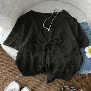 TEMU 세련되고 귀여우며 캐주얼한 크롭 셔츠 디자인의 앞면 리본 묶음이 특징인, 여성용 클린 컬러 반팔 상의