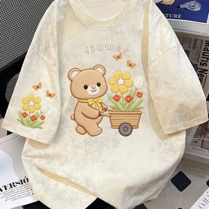 TEMU 2026 봄/여름 재미있는 빈티지 스타일 신상품 귀여운 곰 프린트 반팔 タイダイ 디자인 여성용 티셔츠, 루즈핏 캐주얼 스타일 BF 패션 활용도 높은 상의