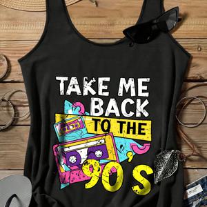 TEMU 여성 빈티지 90년대 카세트 프린트 민소매 탱크 탑, 'Take Me Back to The 90S' 향수 Y2K 스트리트 스타일 루즈 캠이솔, 캐주얼 여름 의상 또는 바캉스룩에 완벽