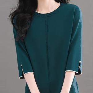 TEMU 새로운 봄/여름 여성용 상의, 7부 소매, 컬러 블록 네크라인, 반팔, 버튼 장식, 루즈하고 다재다능하며 가벼운 디자인