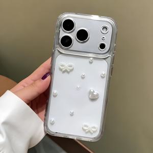 TEMU 휴대폰 케이스 - 귀여운 3D 진주 리본 하트 투명 하드 렌즈 보호 폰 케이스, 아이폰 17 Pro Max, 17 Pro, 16 Pro Max, 16 Pro, 15 Pro Max, 15 Pro, 14 Pro Max, 14 Pro, 13 Pro Max, 13 Pro, 12 Pro Max, 12 Pro 호환 설계