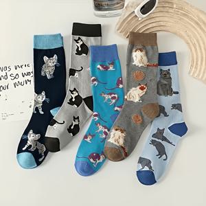 TEMU 여성용 고양이 테마 종아리 중간 길이 양말 5켤레 - 아기 고양이 & 태비 고양이 패턴, 기계 세탁 가능, 사무실, 캐주얼 복장에 적합 - 아늑한 캐주얼 양말, 라운지웨어용 - 편안한 신발류