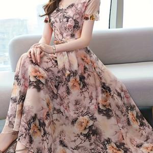 TEMU 여성용 우아한 모란 프린트 긴팔 드레스 - 라운드넥 A라인 쉬폰 드레스, 세탁기 사용 가능, 사계절 캐주얼 및 포멀 행사에 적합, 부드러운 질감의 의류, 캐주얼하고 편안함