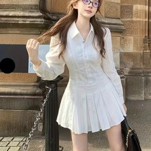 TEMU 여성용 화이트 긴팔 셔츠 원피스, 허리 주름 폴로 칼라 플리츠 숏 스커트