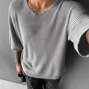 TEMU 신상 유럽 및 미국 스타일 남성 스웨터, 라운드 넥 드롭 숄더 반팔 풀오버 스웨터, 캐주얼 다용도 스트리트 단색 레이지 스타일 니트 풀오버