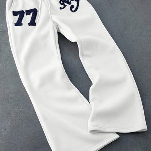TEMU 남성 캐주얼 운동 긴 바지, 패션 편안한 타월 자수 야외 루즈 플레어 트라우저