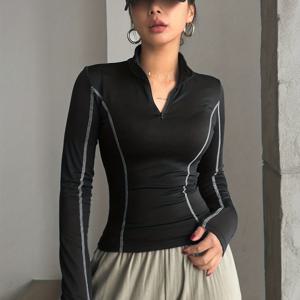 TEMU 1피스 여성용 슬림핏 긴팔 탱크탑 - 스탠드 칼라 디자인, 헬스웨어에 적합 - 불투명 소재, 러닝, 요가, 피트니스, 사이클링, 다이닝 등에 이상적