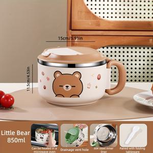 TEMU 304 스테인리스 스틸 캐릭터 더블월드 보온 그릇, 850ml, 재미있는 패턴 디자인, 이중 보온층, 304 스테인리스 스틸 라이너, 다기능 배수구, 전자레인지 사용 가능, 접이식 스테인리스 스틸 식기 포함, 뜨거운 수프, 메인 요리, 곡물에 완벽, 내열 베이스로 카운터탑 보호, 출퇴근, 캠핑, 가정용에 이상적, 식기세척기 사용 가능