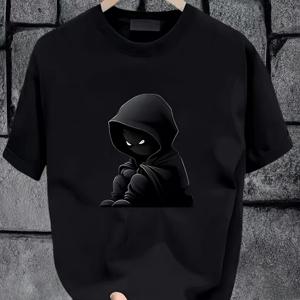 TEMU 100% 면 소재의 남성용 레트로 그래픽 프린트 티셔츠 - 블랙 캐주얼 반팔 라운드 넥 티, 통기성 여름 베이스 레이어, 내구성과 다용도성을 갖춘 캐주얼 의상