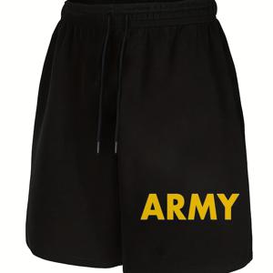 TEMU 남성용 AR 프린팅 스포츠 반바지 - 옐로우 레터링이 있는 블랙 색상, 피트니스 달리기 훈련 캐주얼웨어용 신축성 있는 드로스트링 허리 - 오픈형 드로스트링 디자인의 경량 스타일 아웃도어 반바지