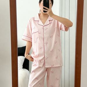 TEMU Korean 인기 패셔너블 여성용 파자마 세트, 리본 프린트 및 핑크 , 생생하고 귀엽고 달콤한 반팔 및 긴 바지 얇은 라운지웨어 (봄, 여름, 가을용), 야외 캐주얼 홈웨어 세트