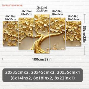 TEMU 2D 플랫, 2D 플랫, [2D 플랫] 5-프레임 프레임리스 캔버스 아트 장식, 골든 머니 트리 테마, 홈 데코, 다이닝 룸, 침실, 사무실, 갤러리, 카페, 침대 옆 테이블, 거실 소파 배경, 그리고 축제 선물로 이상적입니다.