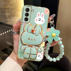 TEMU 갤럭시 S22 S22+ S22 Plus Ultra FE 5G S22FE 에디션용 S22 플라워 스트랩 메이크업 미러 귀여운 토끼 폰 홀더 케이스 - 럭셔리 여성용 킥 스탠드 커버