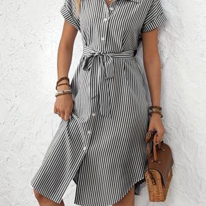 TEMU 새로운 유럽 및 미국 패션 트렌드 여성 프린트 폴로 칼라 반팔 드레스 (벨트 및 버튼 포함), 봄/여름 리조트 개발