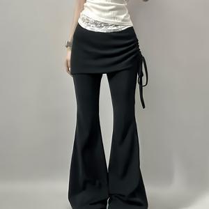 TEMU 한국 스타일 2-in-1 레이어드 팬츠 스커트, 드로스트링 허리밴드, 플레어 팬츠, 캐주얼 디렉셔널 워크