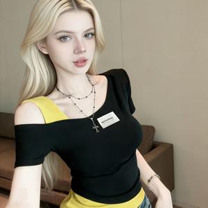 TEMU 여성용 컬러 블록 오프숄더 반팔 섹시 슬림핏 크롭 비대칭 디자인 탑