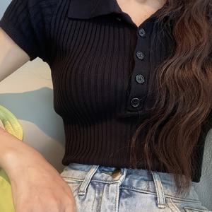 TEMU 빈티지 한국 스타일의 봄 슬림핏 반팔 상의, 작은 칼라와 반팔 디자인의 여성용 티셔츠