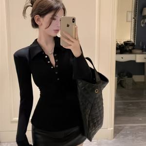 TEMU 여성용 폴로 칼라 긴팔 티셔츠, 우아한 성격 라펠 롱 탑, 디자인 감각 니치 트럼펫 슬리브 슬림핏 허리 베이스 셔츠, 단색 허리 탑, 넥라인 스냅 버튼 탑, 허리 슬림핏 탑 스파이시 베이스 셔츠