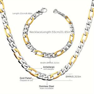 TEMU 2개 316L 316L 316L 316L 스테인리스 스틸 혼합 색상 목걸이 + 8mm/0.28인치 팔찌 체인 주얼리 세트, 뮤직 페스티벌 콘서트 공연 연회 예식 파티 휴가 선물 착용 추가