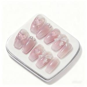 TEMU 10pcs Set of Handmade Spring/Summer Wearable Nails, Sweet & Sensual Style Bowknot Nail Art Stiers, Ready-to-Wear Detachable Short Fake Nails, Skin- Effect