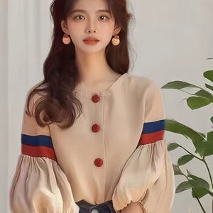 TEMU 여성 벌룬소매 블라우스 퍼프 셔링 배색 셔츠 라운드넥 루즈핏 체형커버 날씬해보이는 러블리 데이트룩 출근룩 하객룩 꾸안꾸 베이지