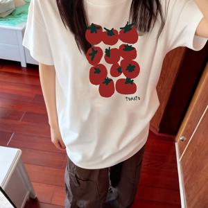 TEMU 남녀공용 오버사이즈 Y2K 토마토 프린트 티셔츠 - 한국 스타일 루즈핏 라운드넥 반팔 토마토 패치 상의, 기계 세탁 가능 캐주얼 여름 블라우스 셔츠, 평상복에 적합