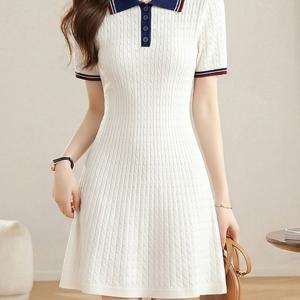 TEMU 컬러 블록 케이블 폴로 칼라 반팔 원피스 여성 여름 허리 스커트 프레피 스타일 슬림 A라인 반바지