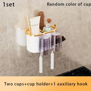 TEMU 1세트 (색상 랜덤 세척컵 포함) 벽걸이형 칫솔꽂이와 치약 디스펜서 - 다중 슬롯 디자인, 공간 절약형, 랜덤 색상 칫솔컵 2개 포함, 내구성 있는 소재, 전기 불필요, 심플한 화이트 외관, 욕실 카운터탑을 깨끗하고 정돈된 상태로 유지, 내구성 좋음