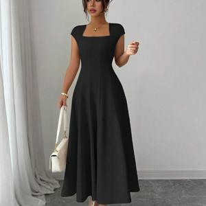 TEMU 여성용 우아한 솔리드 스퀘어넥 허리 주름 플레어 A라인 반팔 미디 드레스, 데일리, 바캉스, 여행, 뮤직 페스티벌, 크리스마스, 봄, 여름 신상 드레스