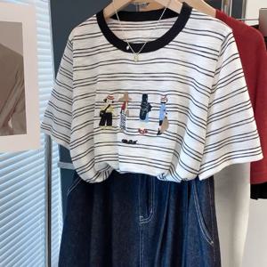TEMU 봄 여름 가을 신상 자수 여성용 탑 활용도 높은 캐주얼 반팔 티셔츠
