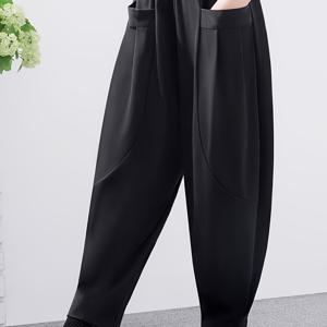 TEMU 여성용 봄 블랙 하렘 팬츠, 가볍고 넉넉한 핏, 볼륨감 있는 , 아이스 소재, 티셔츠 하의 효과를 위한 타피드 디자인, 캐주얼 웨어를 위한 탄성 허리 밴드