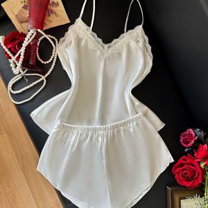 TEMU 레ース 트리밍 편안하고 우아한 파자마 세트, 단색 라운지웨어 2pcs