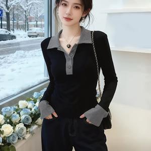 TEMU 여성용 블랙 폴로넥 슬림핏 긴팔 티셔츠, 2025년 신상 가을 컬렉션, 스타일리시하고 착용하기 적합한 하이엔드 탑