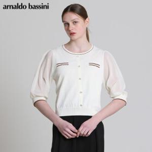 [아날도바시니(ARNALDO BASSINI)] 큐빅비죠배색 물결 7부 니트블라우스 (택가격: 98000원)