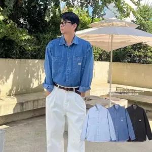 남자 오버핏 데님셔츠 워싱 라벨 패치 빈티지 가을 남자청남방