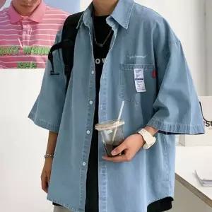 남성 오버핏 여름 데님 반팔 데일리 캐주얼 티셔츠 박스티 캐주얼티셔츠 (WBC6AE6)