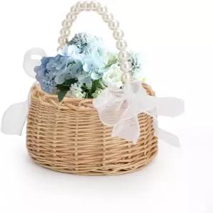 위커 플라워 걸 바구니 결혼식 라탄 진주 손잡이와 리본 활 우아한 손으로 짠 소박한 장식 피크닉