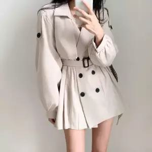 블랙팬서 플리츠 스트링 트렌치 정장 넥 사이즈 원피스 여성용 하프 빈티지 봄 가을 OPH3