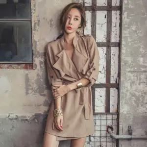 스파이더맨 하프 가을 브이넥 여성원피스 트렌치코트 허리 셔츠형 랩스커트 OPH3