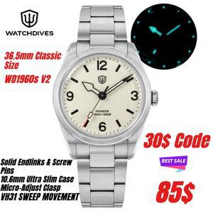 Watchdives WD1960S V2 쿼츠 시계 새로운 사파이어 야광 VH31 스윕 무브먼트 100m 방수 남성용 빈티지